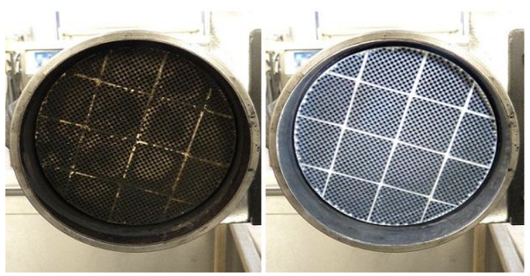 Filtro antipartículas parcialmente obstruido y limpio