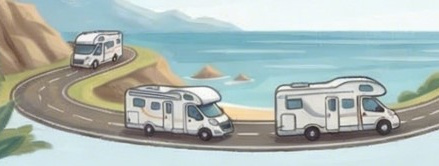 Dibujo de caravana y camper cerca de playa