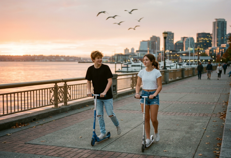 chico y chica paseando en patinete eléctrico
