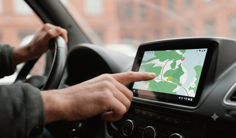 Conductor interactuando con el mapa de navegación GPS en la pantalla táctil integrada en el salpicadero del coche