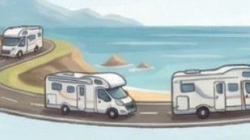 Dibujo de caravana y camper cerca de playa