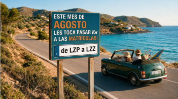 Imagen de playa con coche y cartel de matriculas de agosto.
